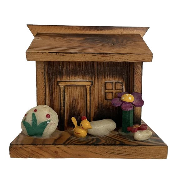 Vintage 1970s Hand Made Folk Art Wood Log Cabin Coasters Set Taiwan Rustic Bird - Picture 2 of 10